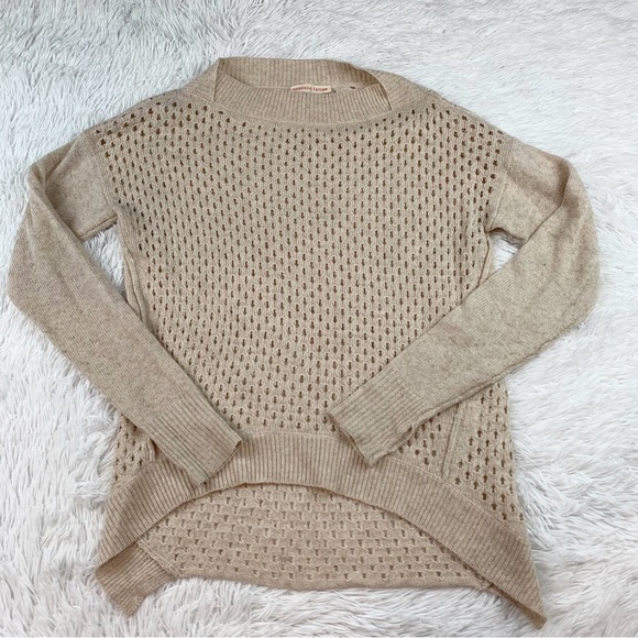 Rebecca Taylor long sleeve mock neck open knit wool blend sweater in beige - Picture 1 of 8